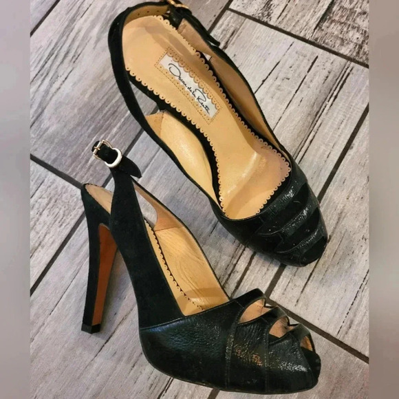 OSCAR DE LA RENTA Black patent leather suede slingback peep-toe heels shoes 6.5 - Picture 3 of 16